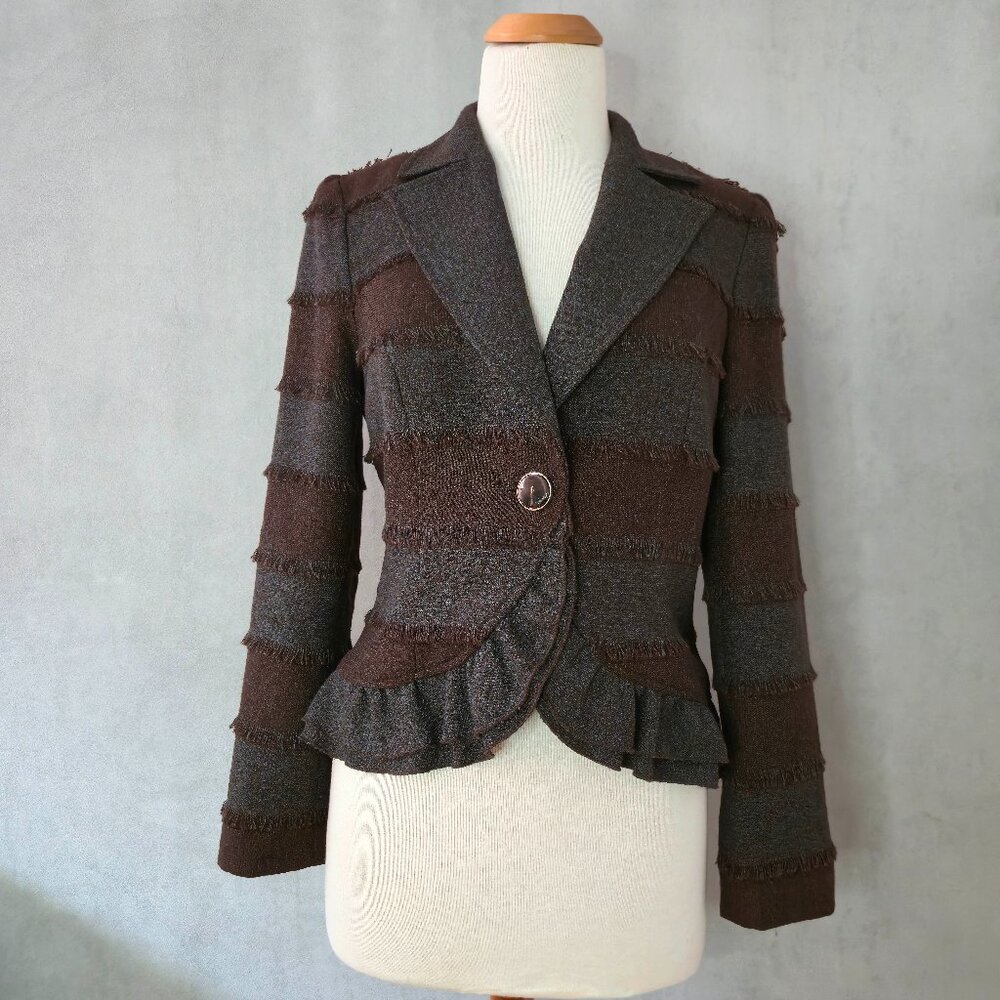 NueVa Ruffled Mixed-Media Blazer | Fringe Detail | Single Button | Size 8